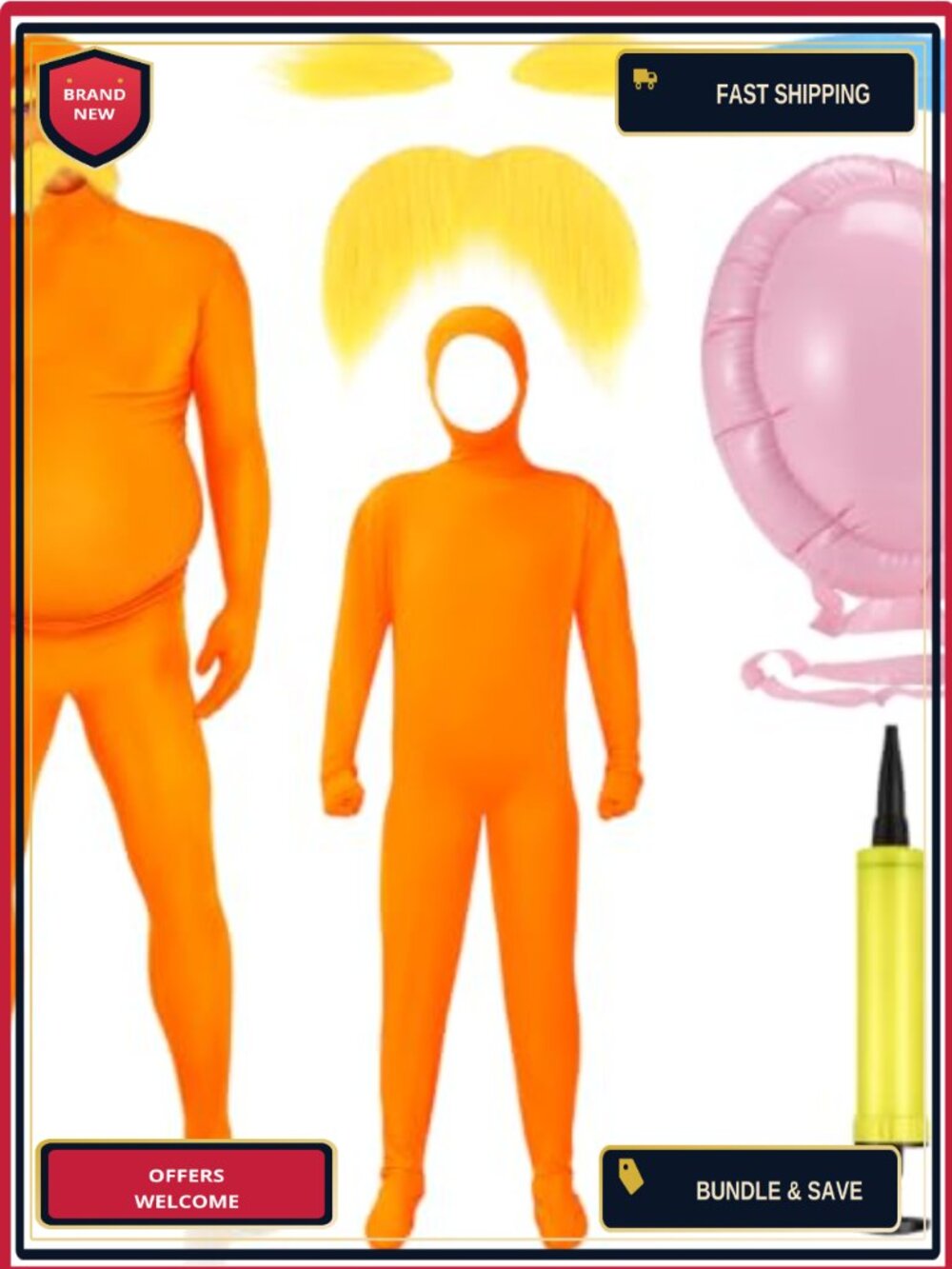 7 Pc Halloween Costume Set Jumpsuit Mustache Eyebrows Inflatable Belly Cosplay